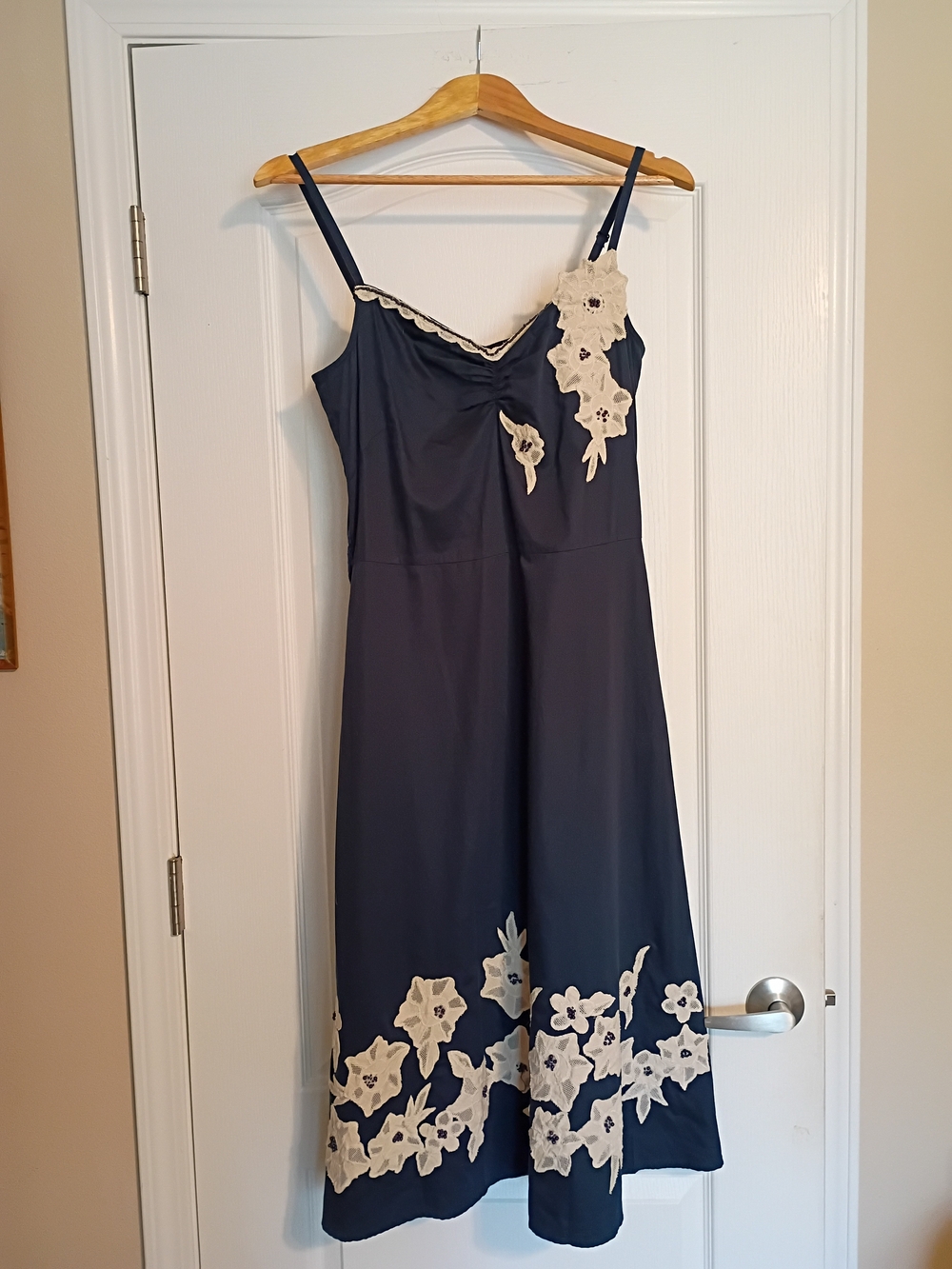 Navy Midi Slip Dress with Cream Floral Appliqué